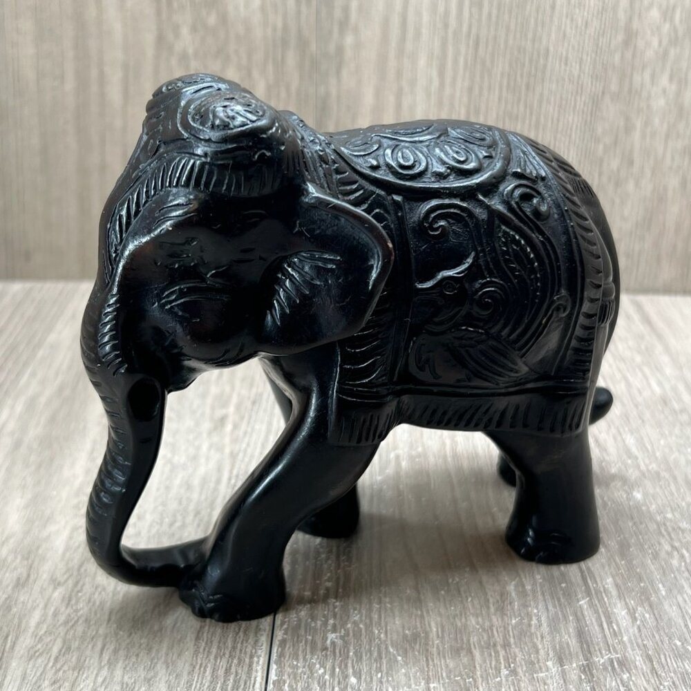 Blac Carved Elephant Figurine Statue Home Decor Lucky Charm Collectible - Picture 4 of 13